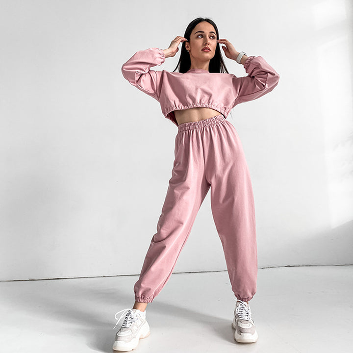 Damen lässiges Set mit elastischem Bund und cropped Jacke Drune