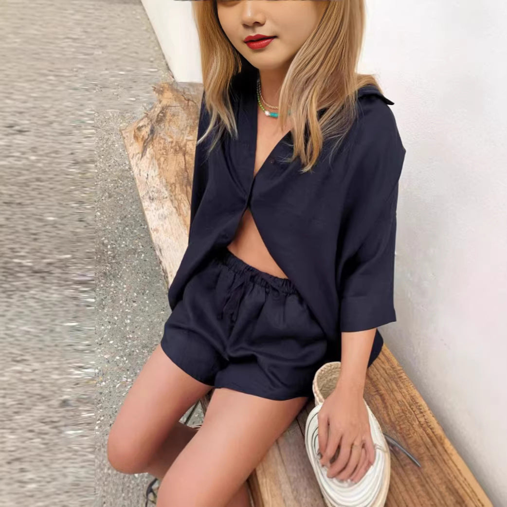 Damen luftige Leinenbluse mit Shorts Drune