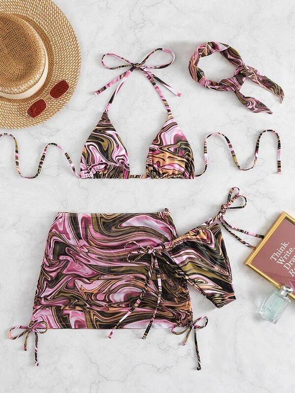 Damen Dreiteiliges Badeset mit marbled Muster Drune