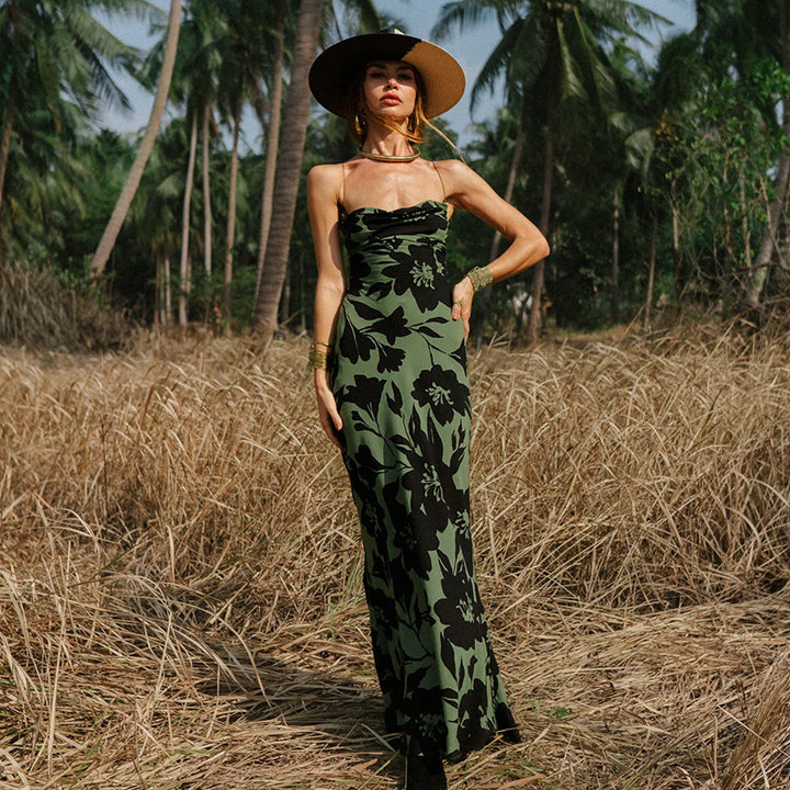 Damen Maxikleid mit floralem Muster und schmalen Spaghettiträgern Drune