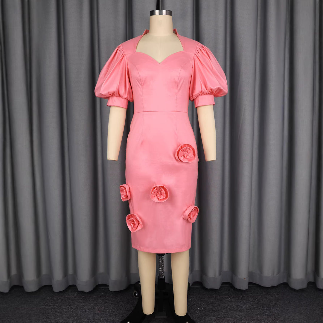 Damen Elegantes Kleid mit voluminösen Puffärmeln und floralem Akzent Drune