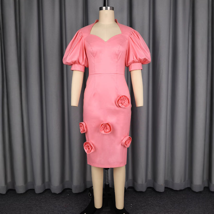 Damen elegantes Cocktailkleid mit Puffärmeln und Blumendetails Drune