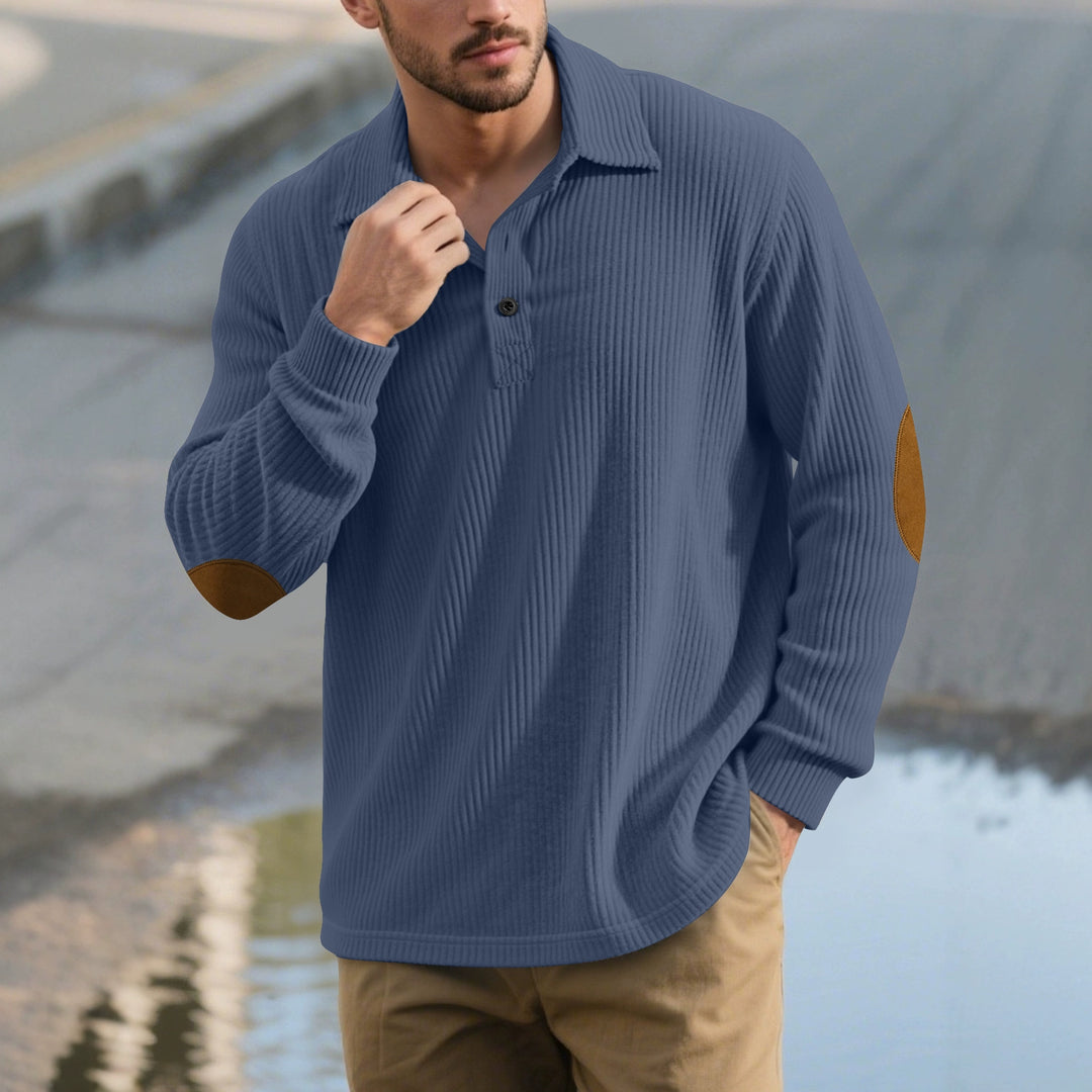 Herren nan gerippter Freizeit-Polo mit Kentkragen, kurzer Knopfleiste und Velours-Ellenbogenpatch Drune