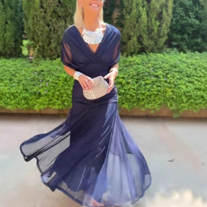 Damen nan fließendes Abendkleid mit transparentem Chiffon-Capelet, V-Ausschnitt und taillierter Drapierung Drune