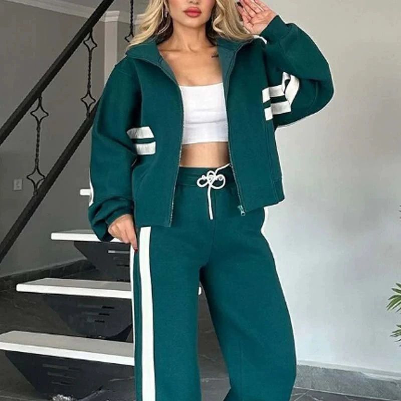 Damen nan athletisches Zweiteiler-Set aus French Terry mit Reißverschluss Cropped Jacke und weitem Highwaist Jogger Drune