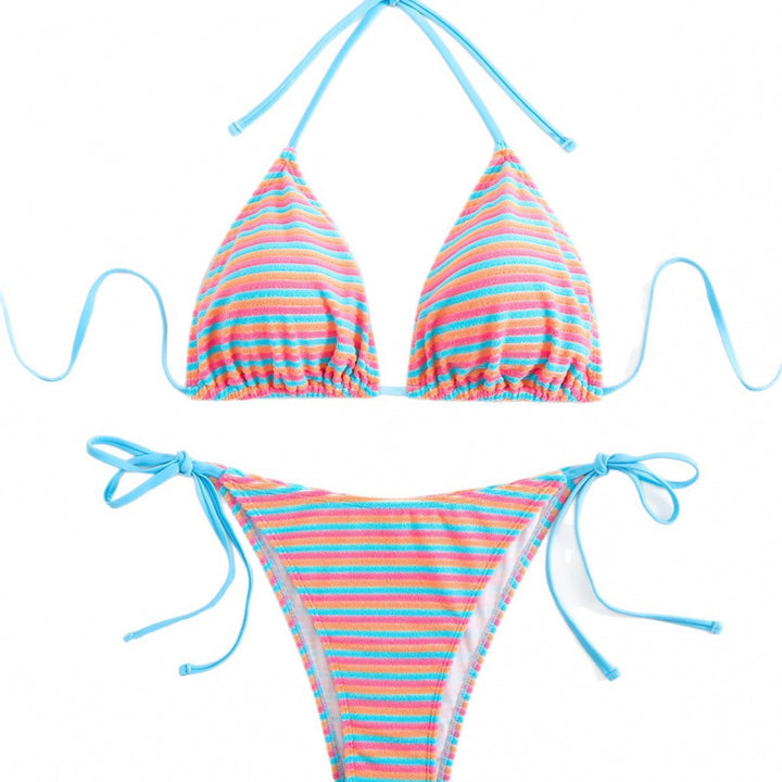 Damen Triangel-Bikini mit verstellbaren Bindebändern und verspieltem Streifenmuster Drune