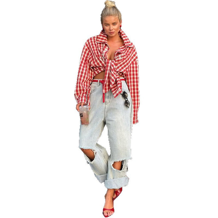 Damen Oversize-Karohemd mit knotenförmigem Detail Drune