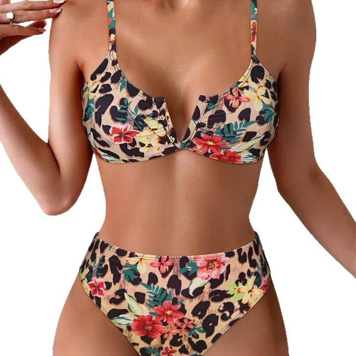 Damen Hochsitzt Bikini mit floralem Muster und leichtem Push-Up Effekt Drune