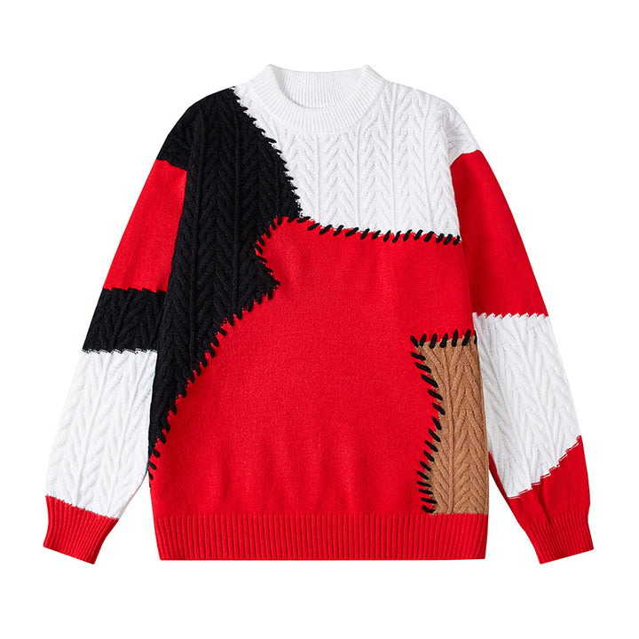 Herren nan strukturierter Patchwork-Strickpullover mit Zopfmuster und Rundhals Drune