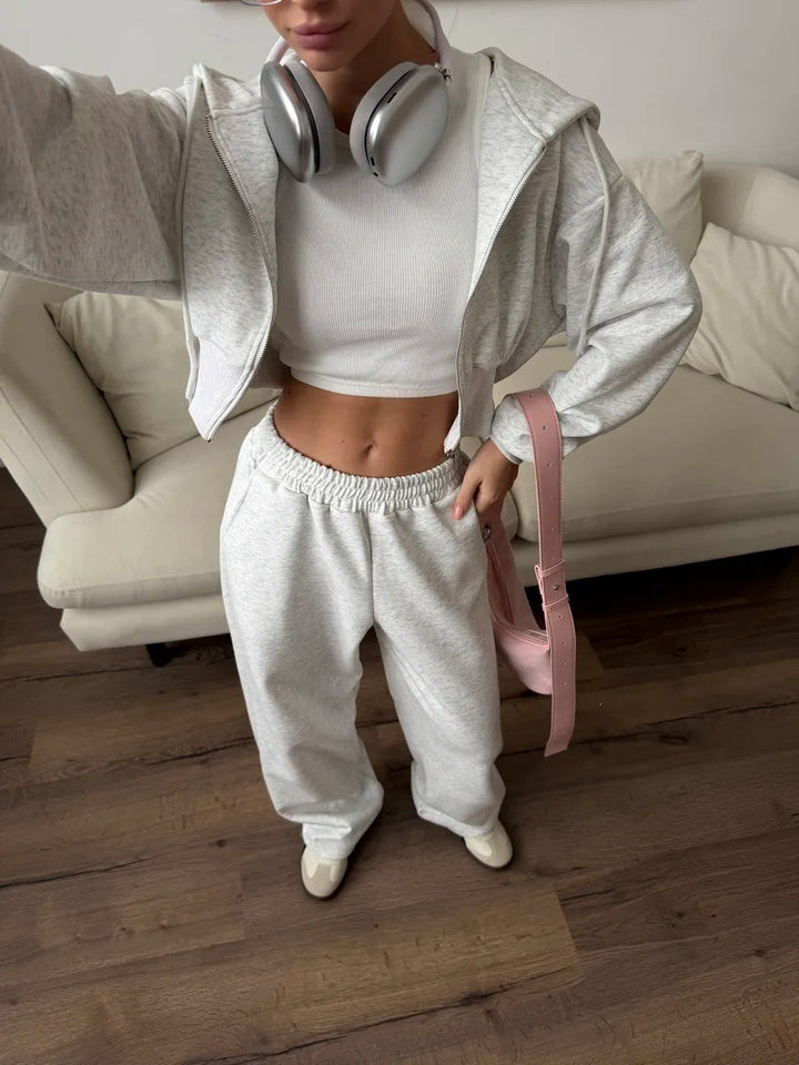 Damen trendiges cropped Sweatoutfit mit Kapuze und seitlichem Reißverschluss Drune