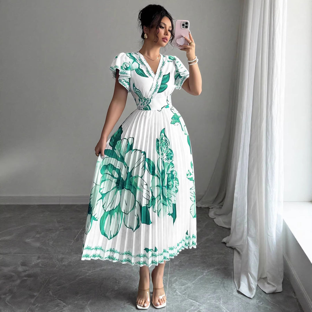 Damen Plissiertes Maxi-Jersey-Kleid mit floralen Akzenten und V-Ausschnitt Drune