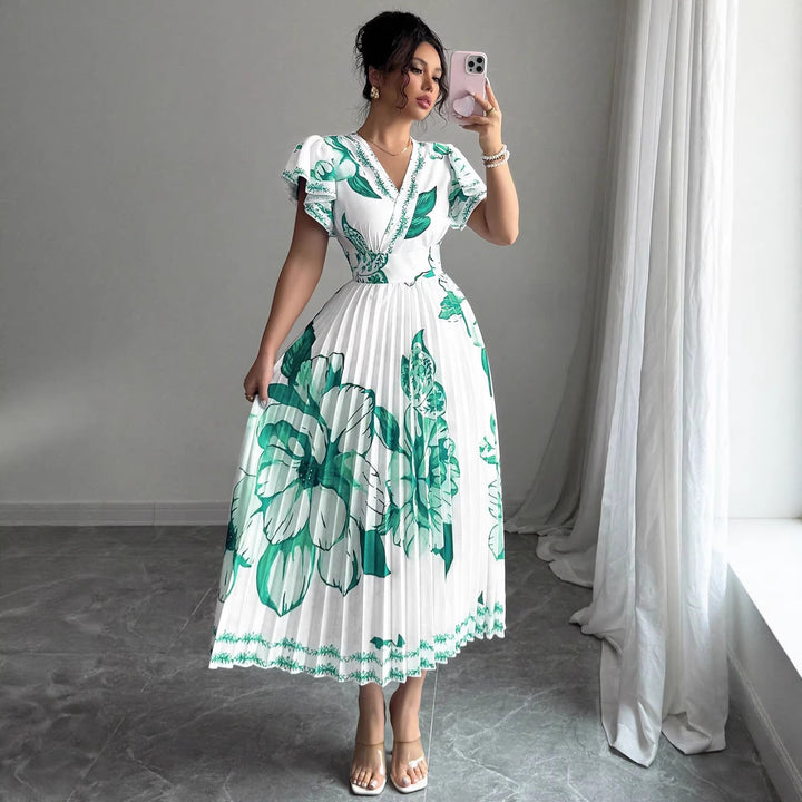 Damen Plissiertes Maxi-Jersey-Kleid mit floralen Akzenten und V-Ausschnitt Drune