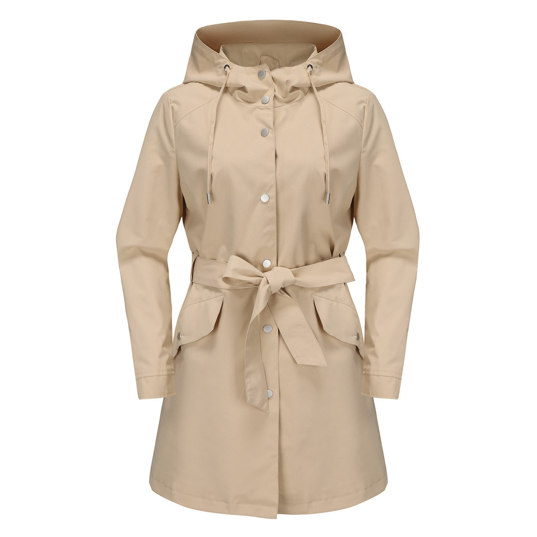 Damen wasserfeste Übergangsjacke mit verstellbarem Kapuzenkragen und Taillengürtel Drune