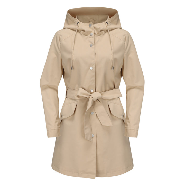 Damen wasserfeste Übergangsjacke mit verstellbarem Kapuzenkragen und Taillengürtel Drune