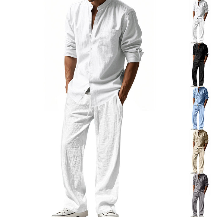 Herren entspannendes Leinen-Outfit im lässigen Design mit durchgehender Knopfleiste und praktischen Taschen Drune