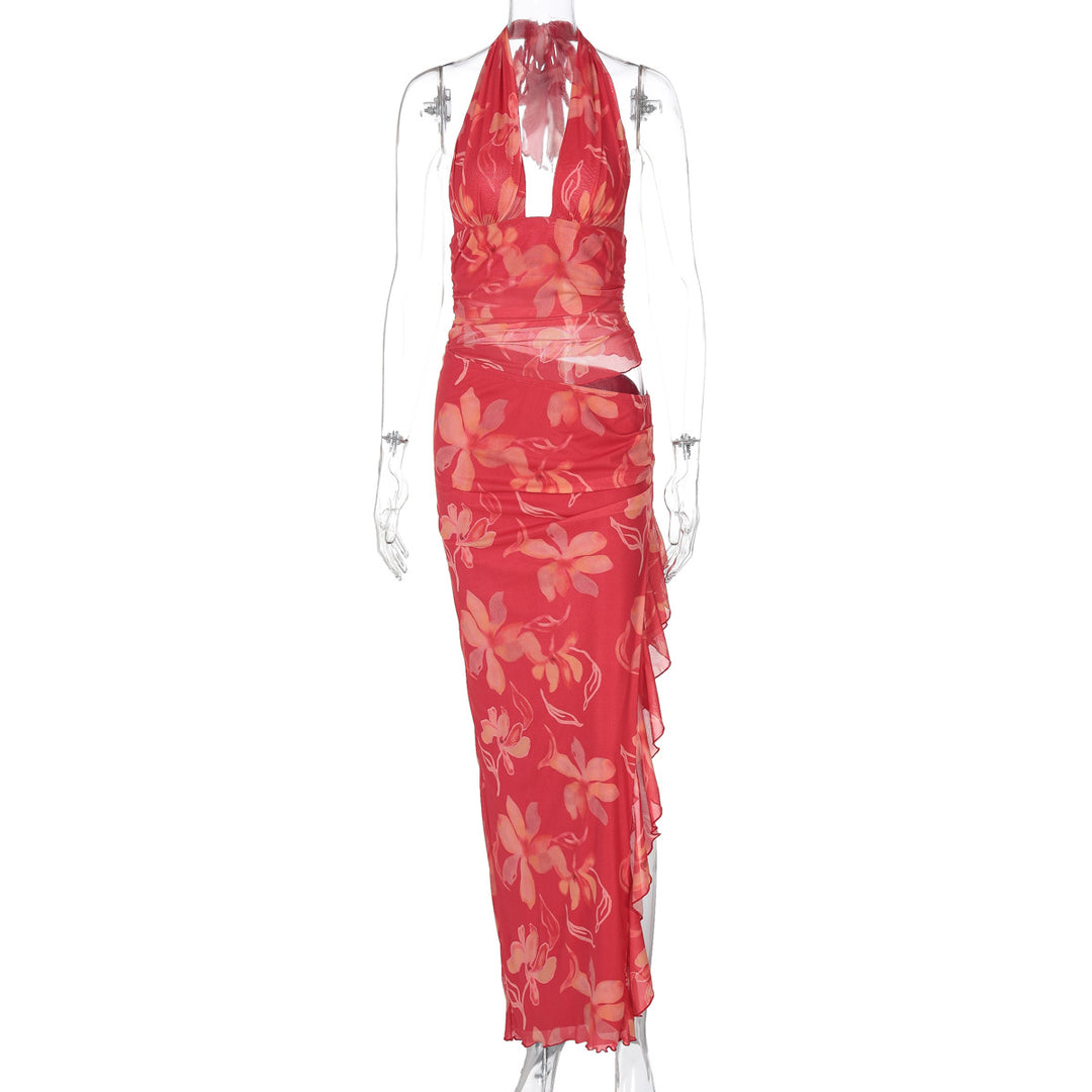 Damen Elegantes Maxikleid mit offenem Rücken und floralen Akzenten Drune