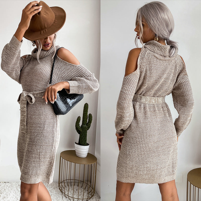 Damen Strickkleid mit offener Schulter und modischem Taillengürtel Drune
