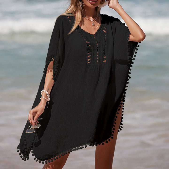 Damen luftiger Kaftan mit fransigen Akzenten und durchbrochenem Design Drune