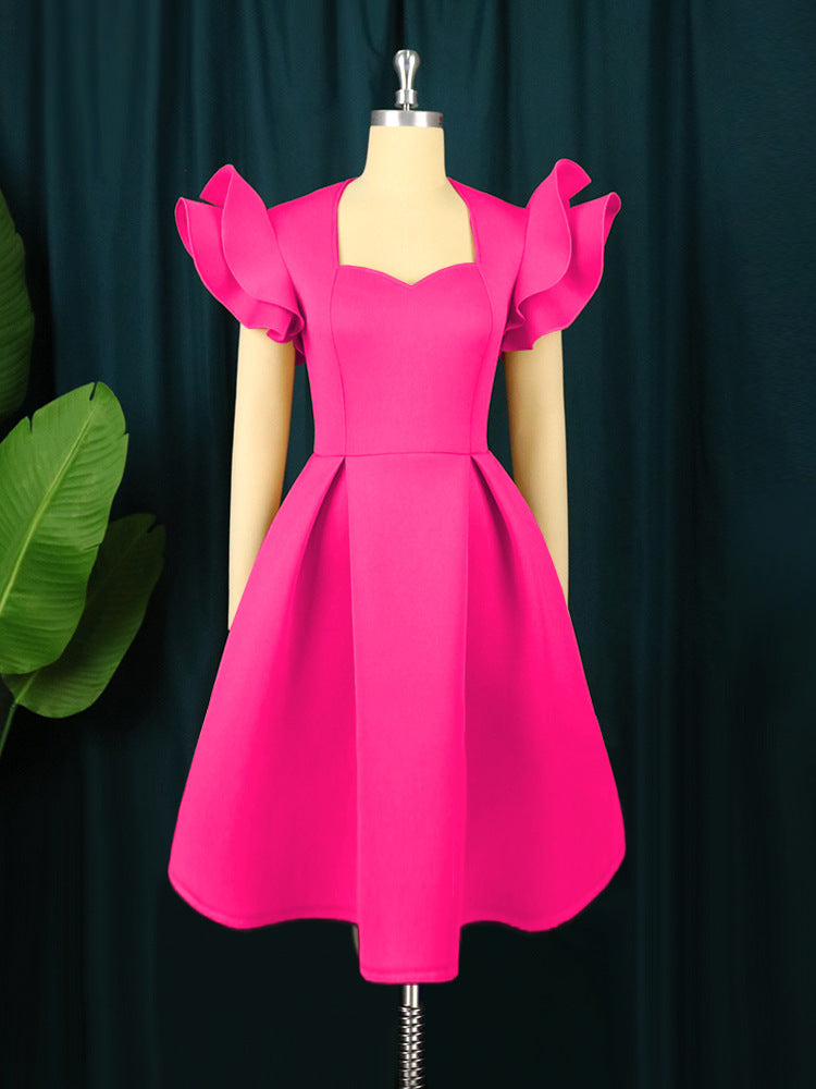 Damen elegantes Kleid mit voluminösen Rüschensäumen Drune