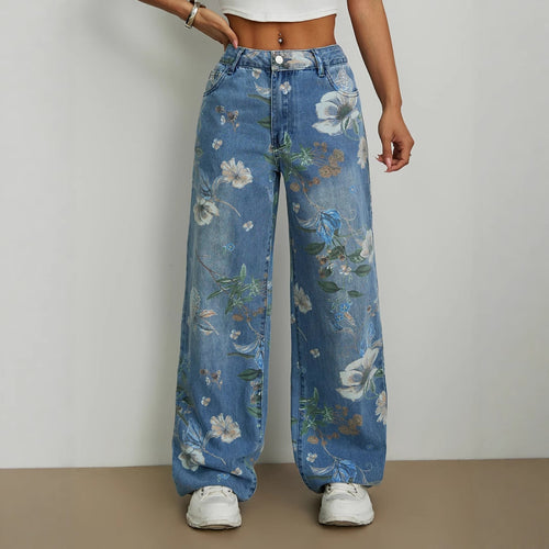 Damen weite Jeans mit floralem Design und hohem Taillenbund Drune
