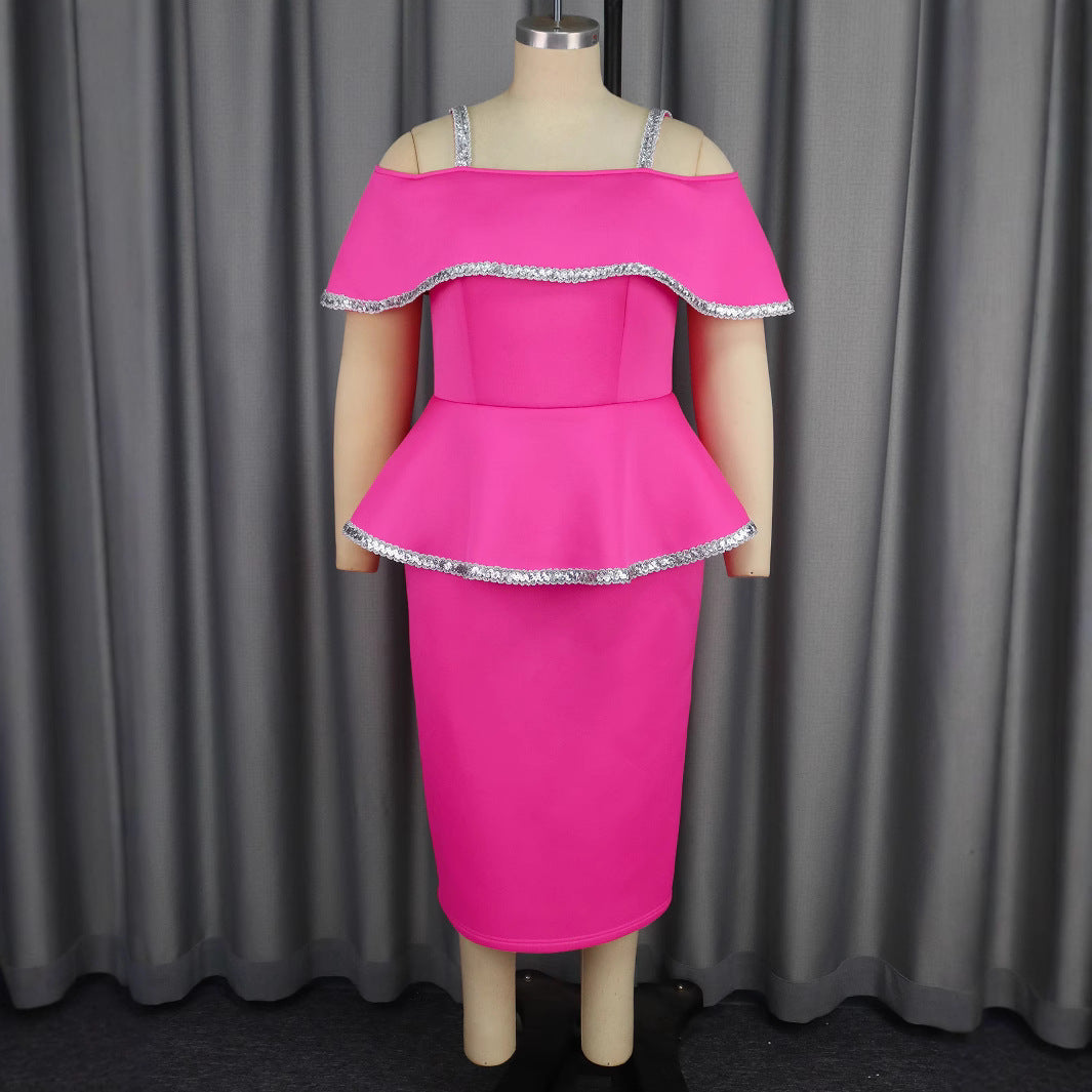 Damen elegantes Peplum-Kleid mit schulterfreiem Design und Glitzerdetails Drune