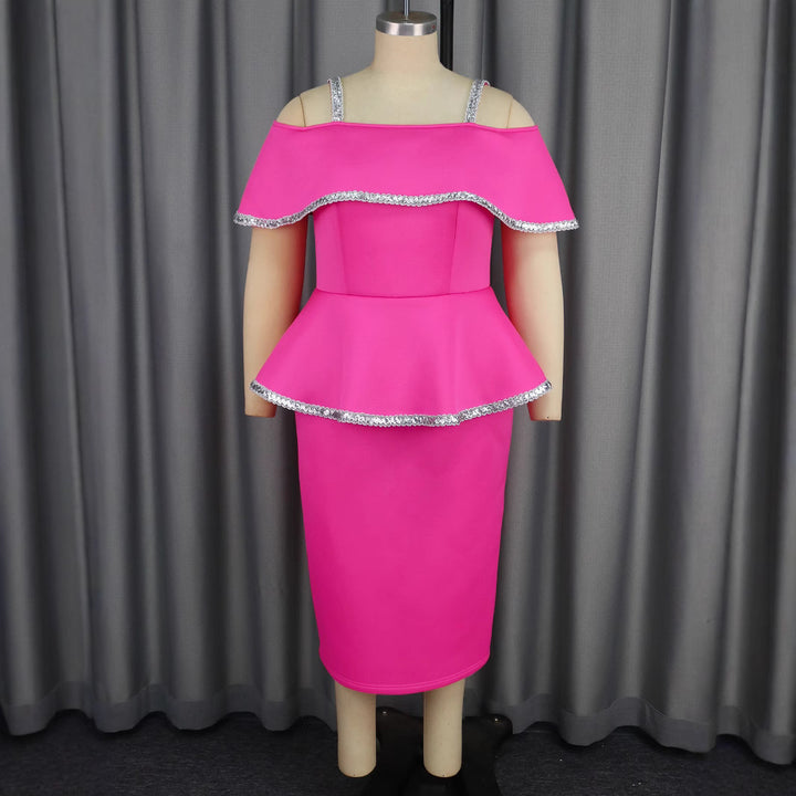 Damen elegantes Peplum-Kleid mit schulterfreiem Design und Glitzerdetails Drune
