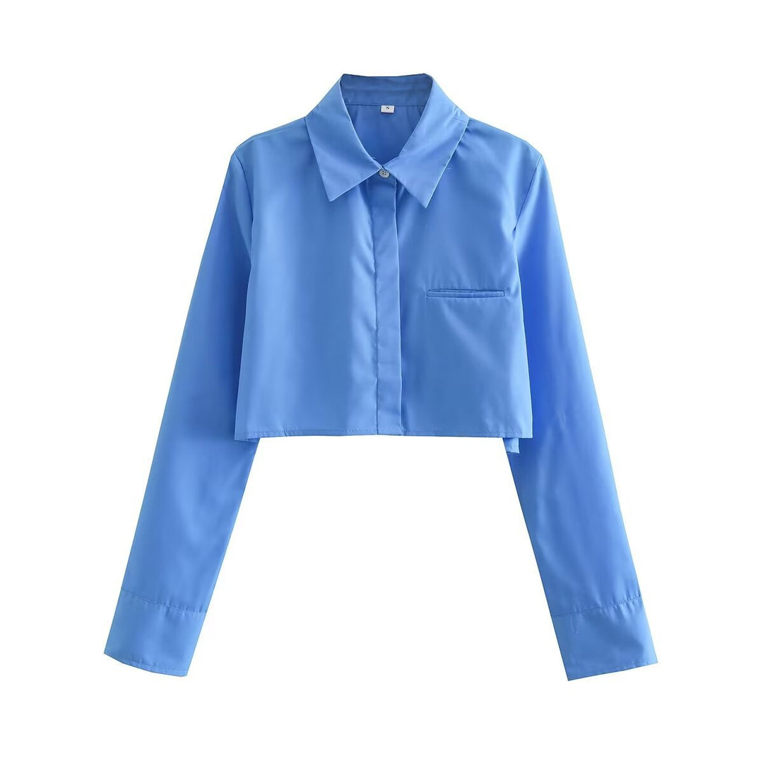 Damen cropped Bluse mit klassischem Kragen und praktischen Brusttaschen Drune