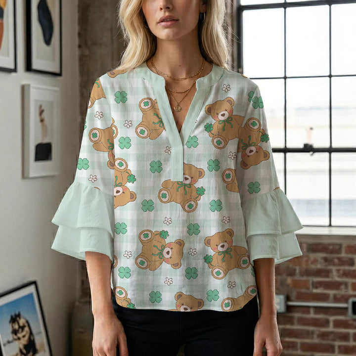 Damen Bluse mit voluminösen Flügelärmel und intensivem Blattmuster Drune