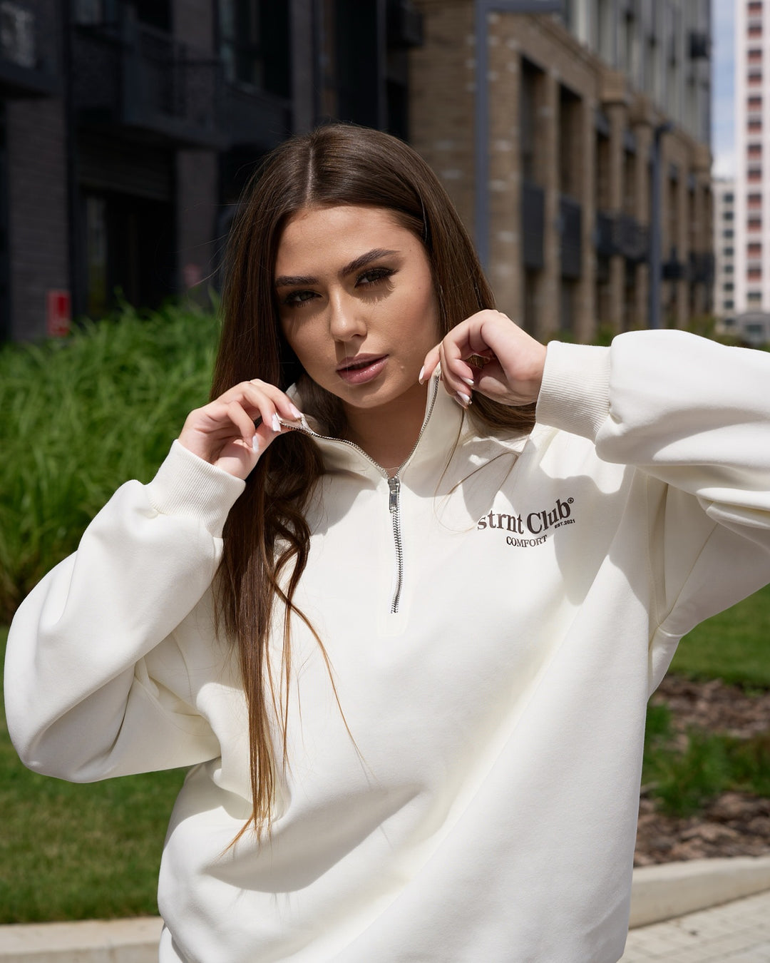 Damen Kapuzenpullover mit halbem Reißverschluss und lässigem Schnitt Drune