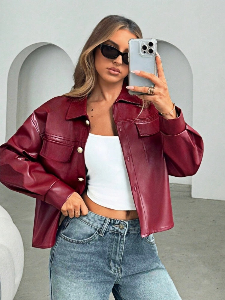Damen Modische Kunstlederjacke im Oversized-Stil Drune