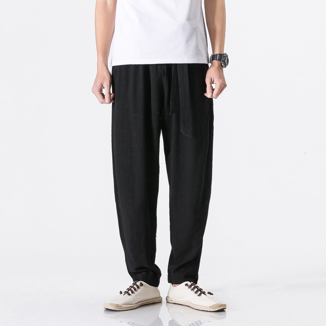 Herren nan entspannte Leinen-Baumwoll Harem-Joggerhose mit verdecktem Tunnelzug und tapered Bein Drune