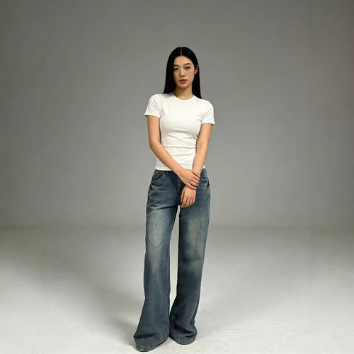 Damen weite High-Waist Jeans mit lässigem Schnitt und individuellen Waschungen Drune