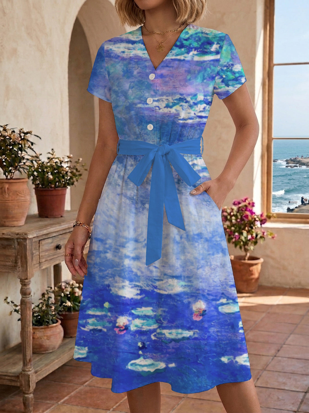 Damen Blühendes Midikleid mit taillierbarem Gürtel und kunstvollem Print Drune