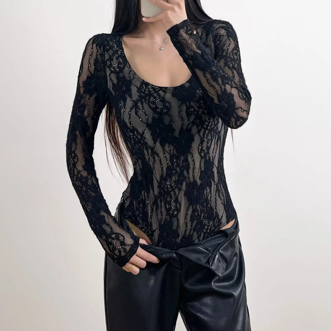 Damen Häkelbody mit transparentem Spitzenmuster Drune