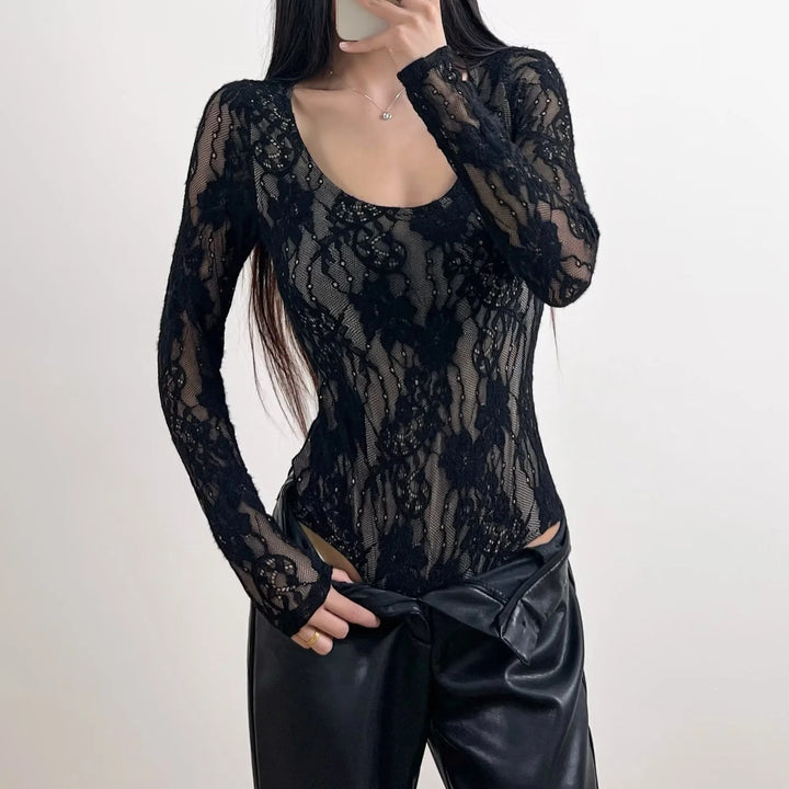 Damen Häkelbody mit transparentem Spitzenmuster Drune