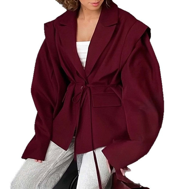 Damen nan taillierter Blumenblazer mit Bindegürtel und Reverskragen Drune