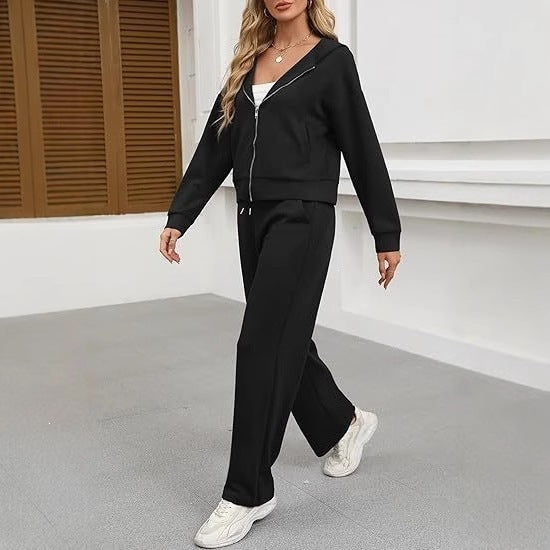 Damen nan zweiteiliges Lounge-Set mit Kapuzenjacke Reißverschluss und weiter Hose mit hohem Bund aus Sweatstoff Drune