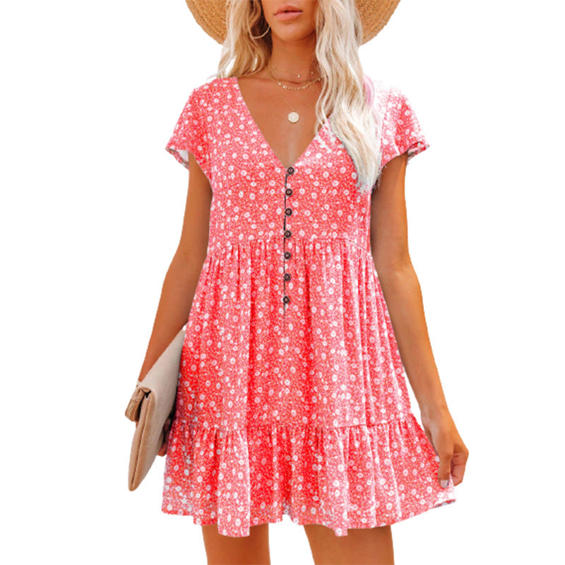 Damen Blümchen Kleid mit Knopfleiste und Volantdetails Drune