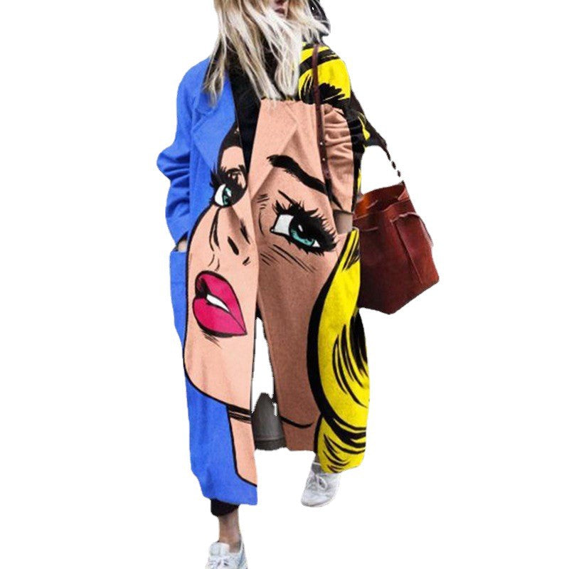 Damen Oversized Mantel mit buntem Augenmuster und lässiger Passform Drune
