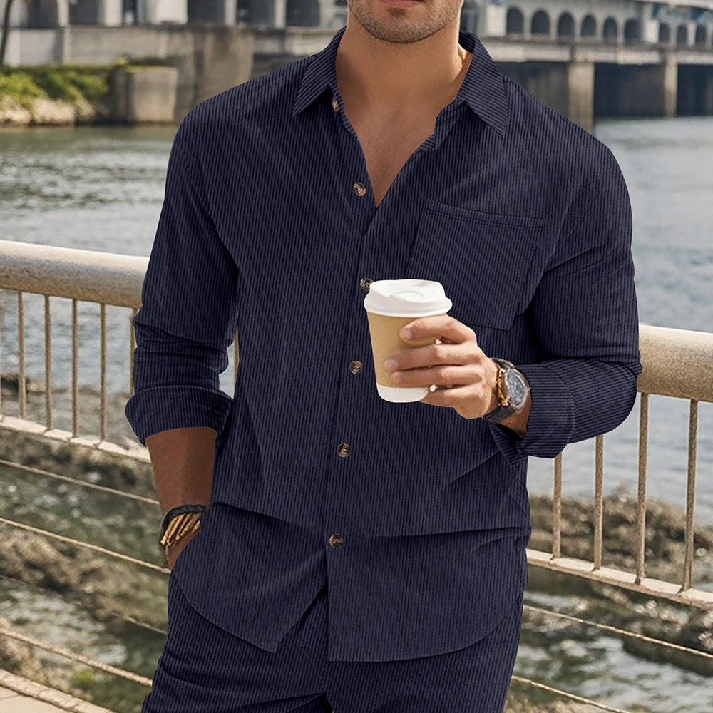 Herren gestreiftes Langarmshirt mit modischem Stehkragen und praktischer Brusttasche Drune