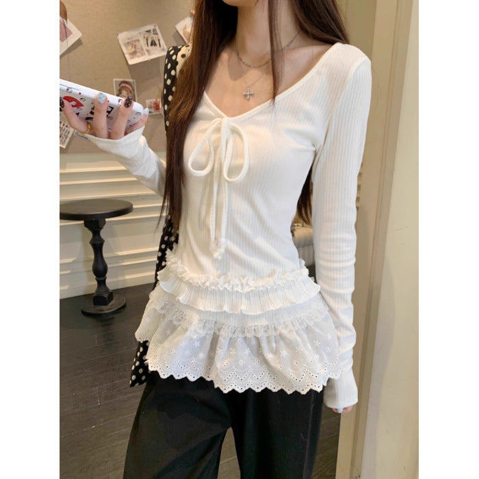 Damen elegantes Langarmshirt mit Rüschendetails und verstellbarem Ausschnitt Drune