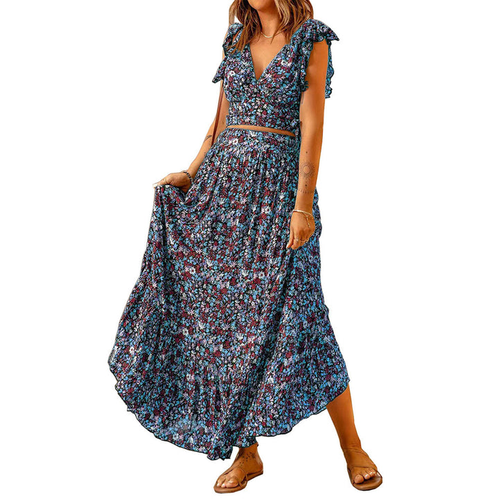 Damen Blütenmuster Maxikleid mit voluminösem Rock und schmalem Gürtel Drune