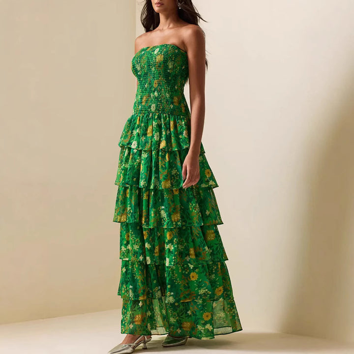 Damen Langärmliges Maxikleid mit voluminösen Rüschen und floralem Design Drune