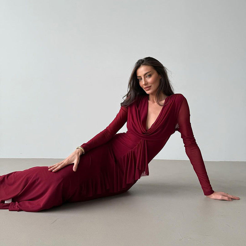 Damen Elegantes Maxikleid mit tiefem V-Ausschnitt und Rüschendetail Drune