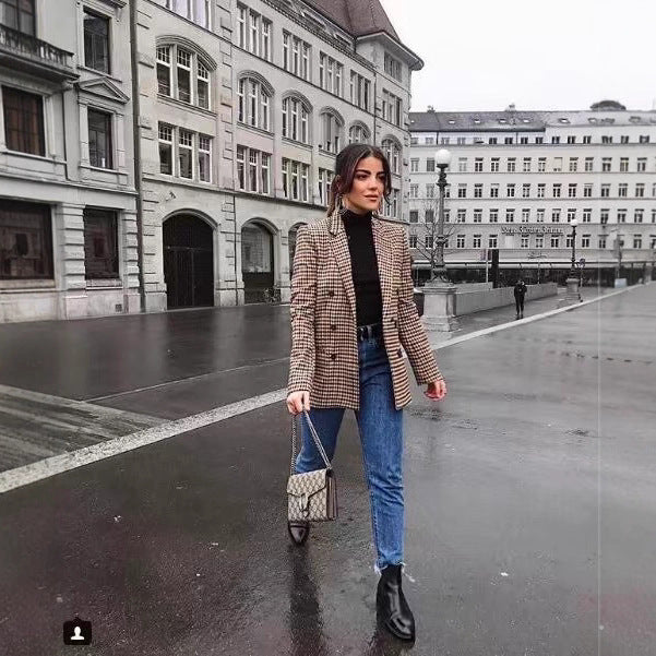 Damen doppelt geschnittene Blazerjacke mit Karomuster und eleganten Knopfdetails Drune