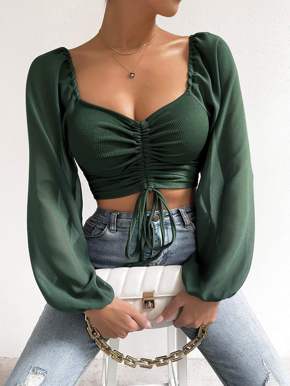 Damen Crop-Top mit strukturiertem Körper und eleganten Puffärmeln Drune