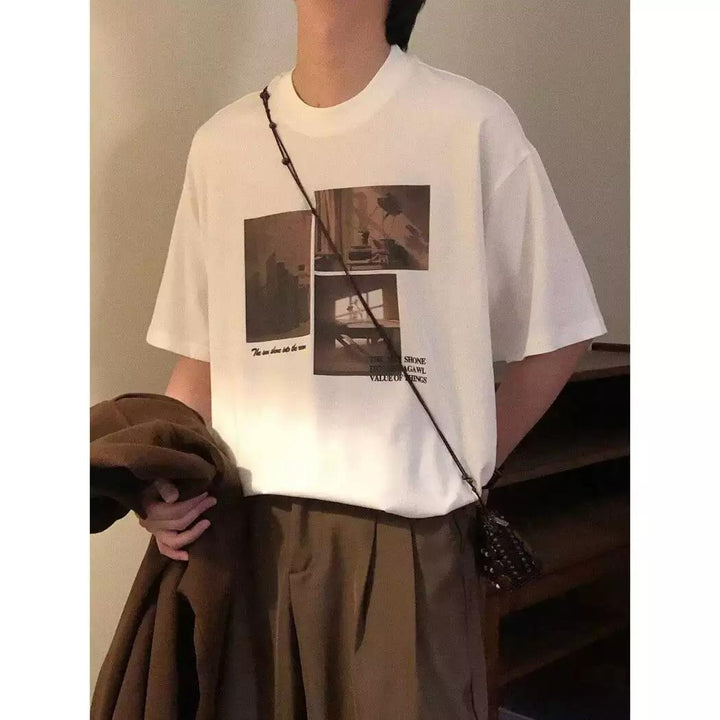 Damen modisches Kurzarm-T-Shirt mit kreativem Fotodruck und lockerer Passform Drune