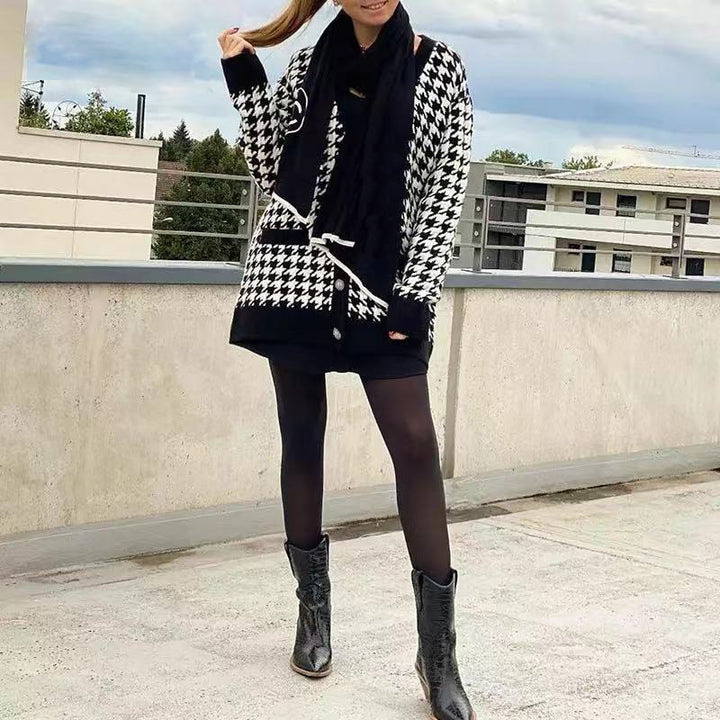 Damen modischer Strickcardigan mit schickem Hahnentrittmuster und großen Knöpfen Drune