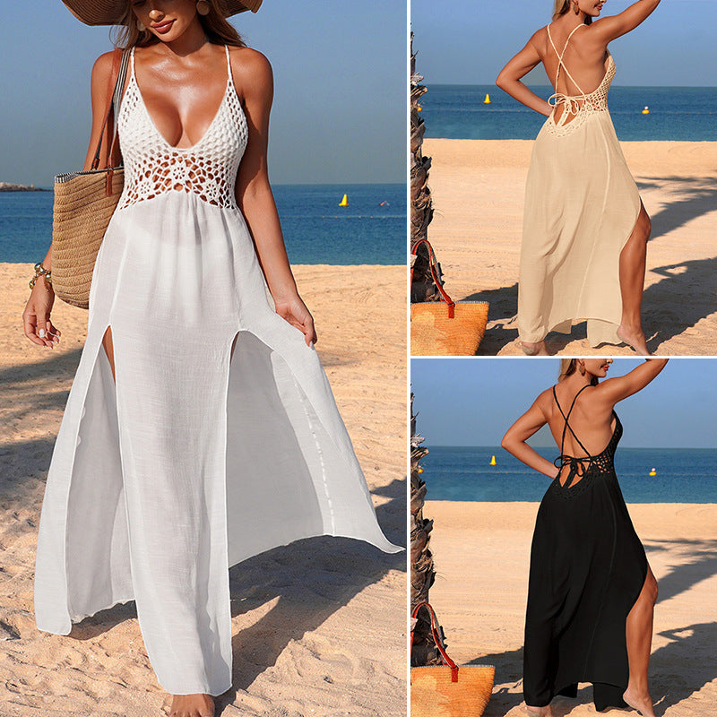 Damen Maxikleid mit tiefem V-Ausschnitt und eleganter Spitzenapplikation Drune