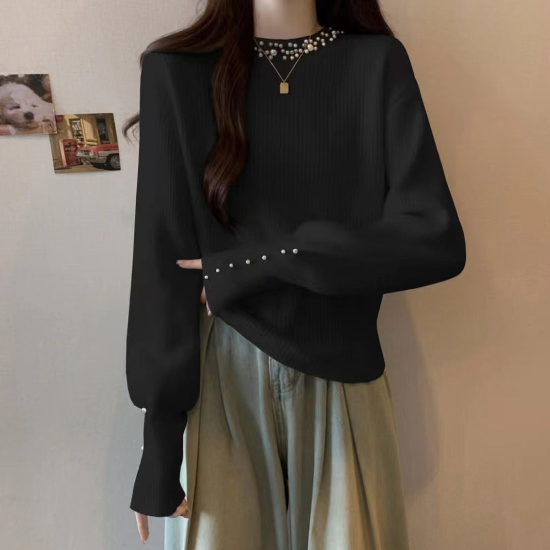 Damen Eleganter Pullover mit perlenverzierten Details Drune